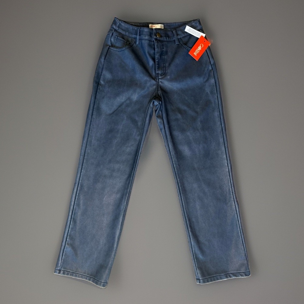 NWT Intempo Dusty Blue Faux Leather Pants Womens Size 4 High Rise Straight Leg